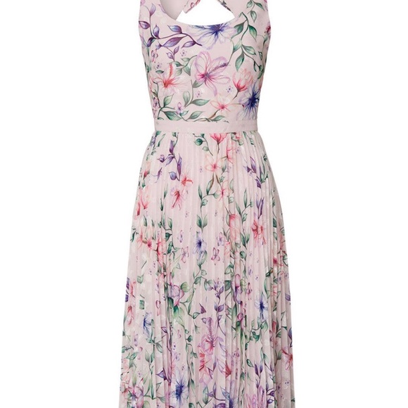 Marchesa Notte Floral Pleated Midi Dress 6 - Picture 3 of 5